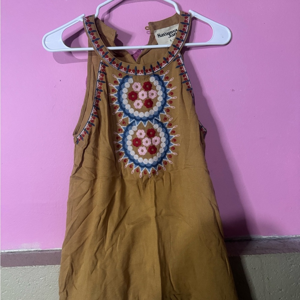 Savanna Jane Mustard Embroidered Tank Top with Multicolor Floral Medallions